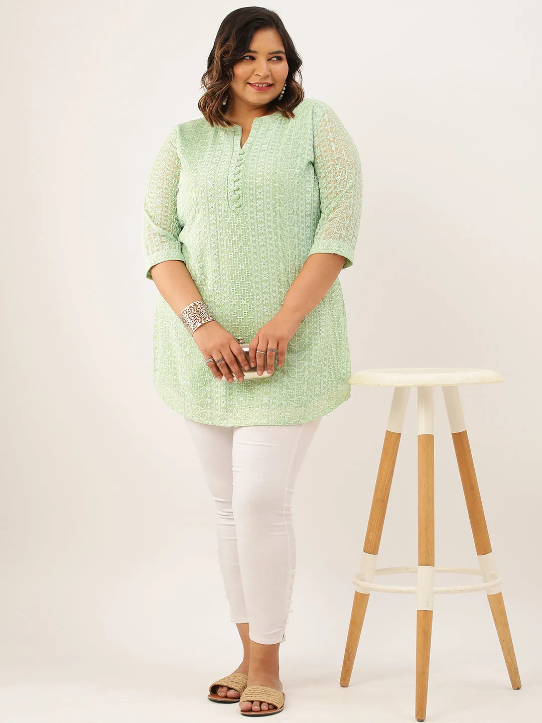 Mandarin Collar Georgette All over Chikankari Embroidery Pista Green Straight Tunic For Women - ZOLA