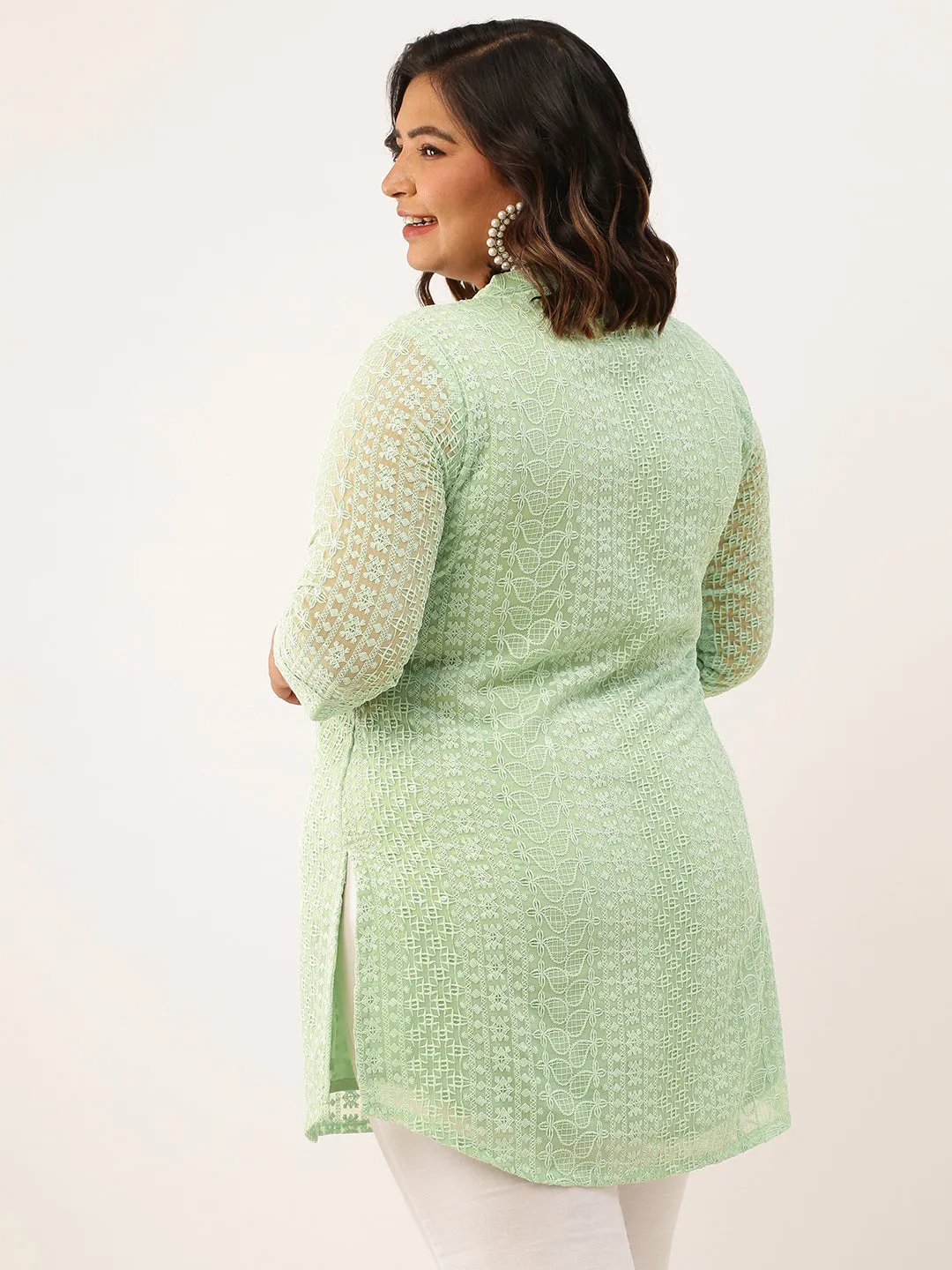 Mandarin Collar Georgette All over Chikankari Embroidery Pista Green Straight Tunic For Women - ZOLA