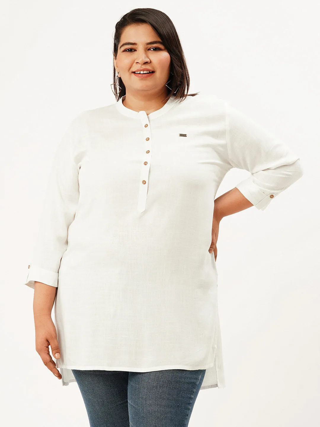 Mandarin Collar Rayon Solid White Straight Tunic For Women - ZOLA