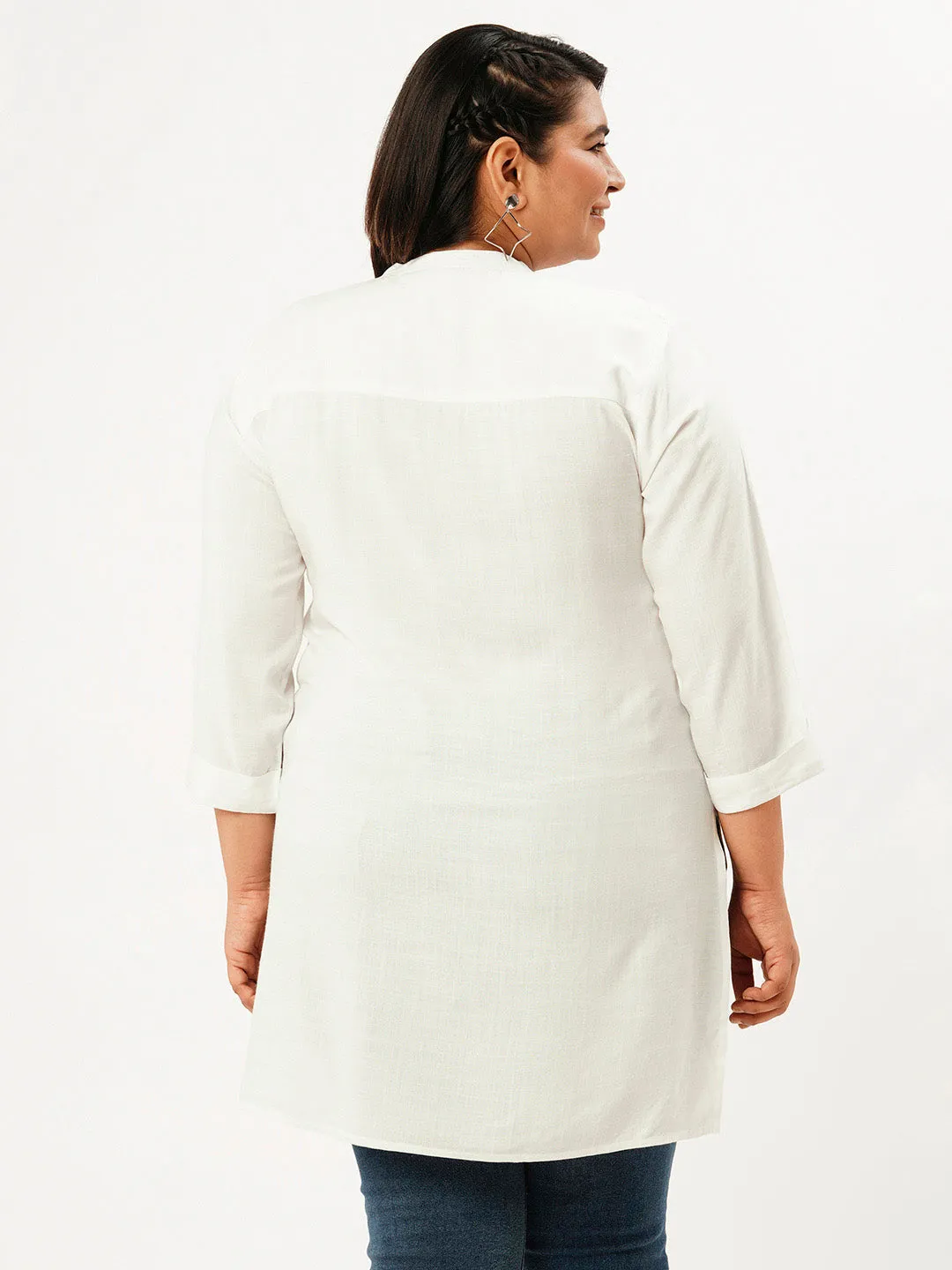 Mandarin Collar Rayon Solid White Straight Tunic For Women - ZOLA