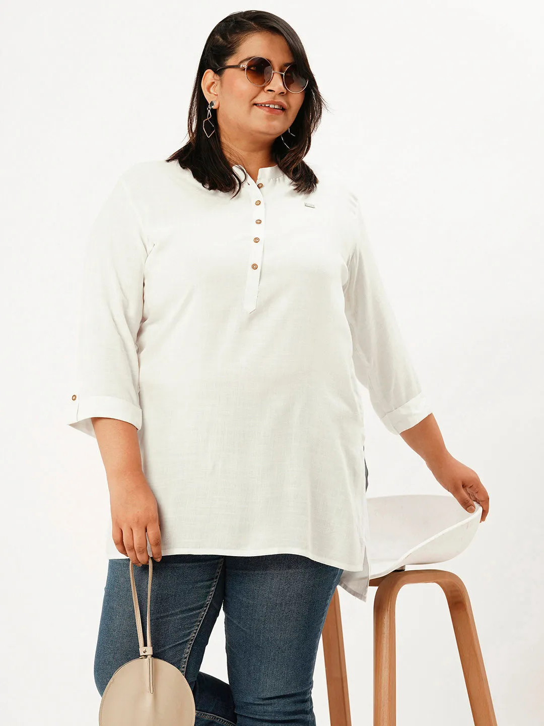 Mandarin Collar Rayon Solid White Straight Tunic For Women - ZOLA