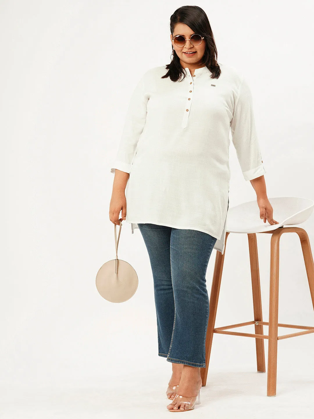 Mandarin Collar Rayon Solid White Straight Tunic For Women - ZOLA