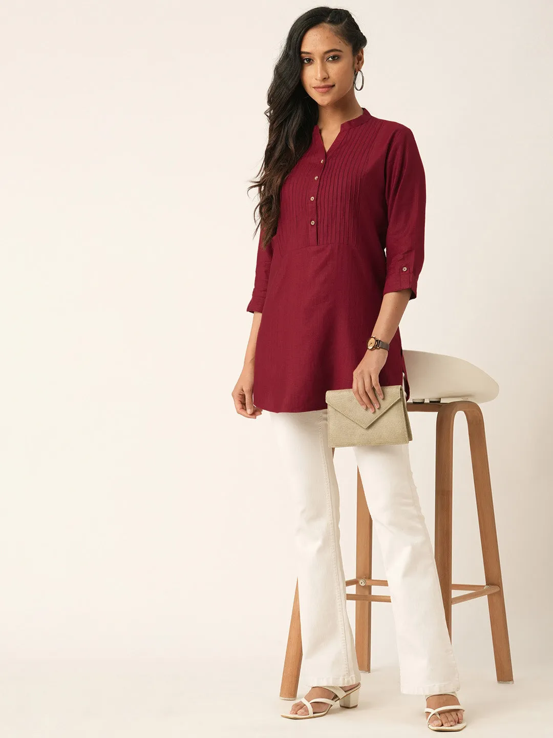 Maroon Comfort Fit Rayon Tunics for Women Online India Hip Length Straight - Zola