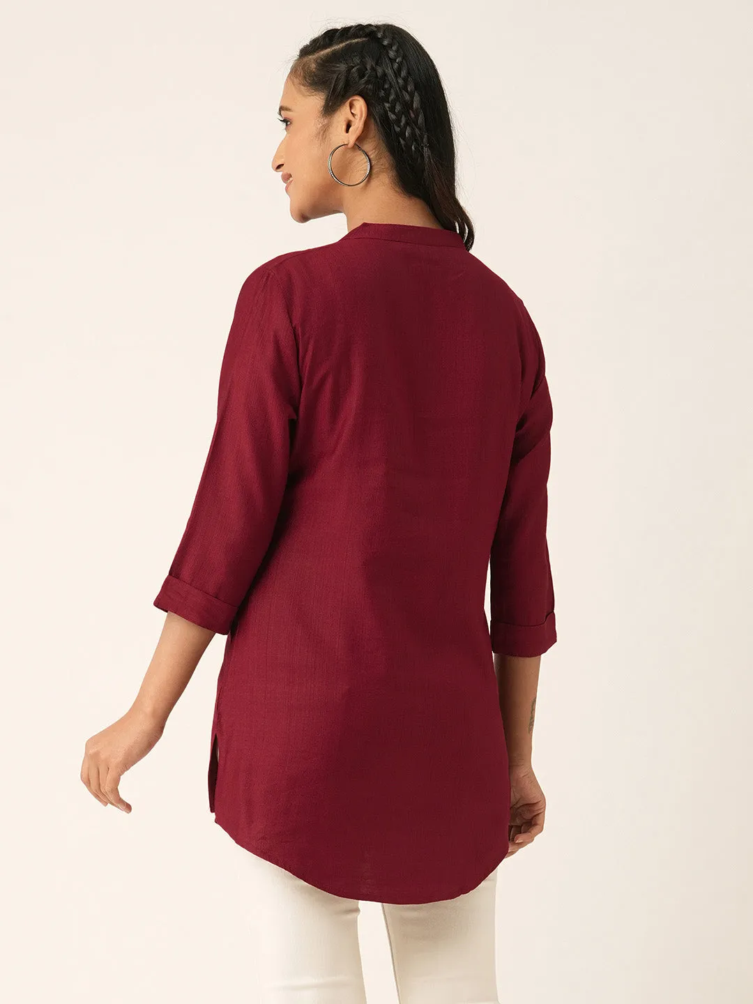 Maroon Comfort Fit Rayon Tunics for Women Online India Hip Length Straight - Zola