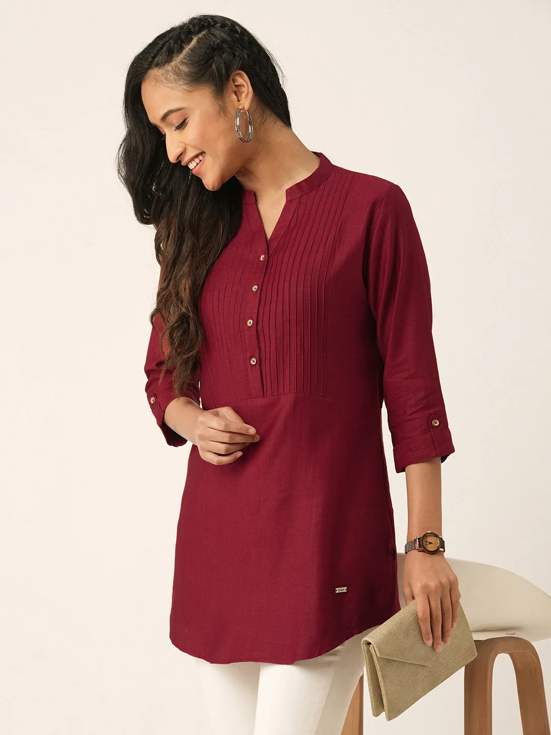 Maroon Comfort Fit Rayon Tunics for Women Online India Hip Length Straight - Zola