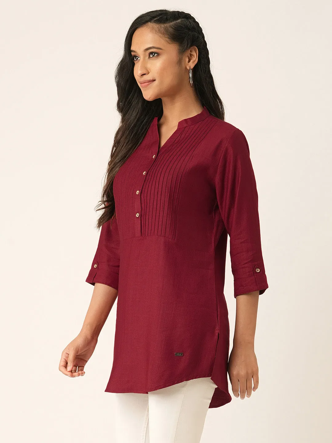 Maroon Comfort Fit Rayon Tunics for Women Online India Hip Length Straight - Zola