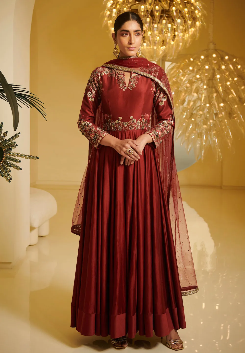 Maroon Embroidered Kalidar Kurta Set