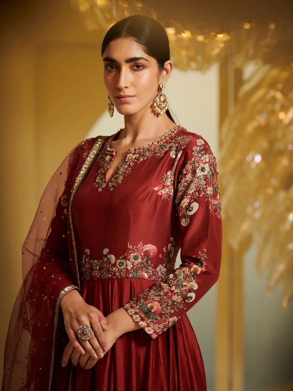 Maroon Embroidered Kalidar Kurta Set