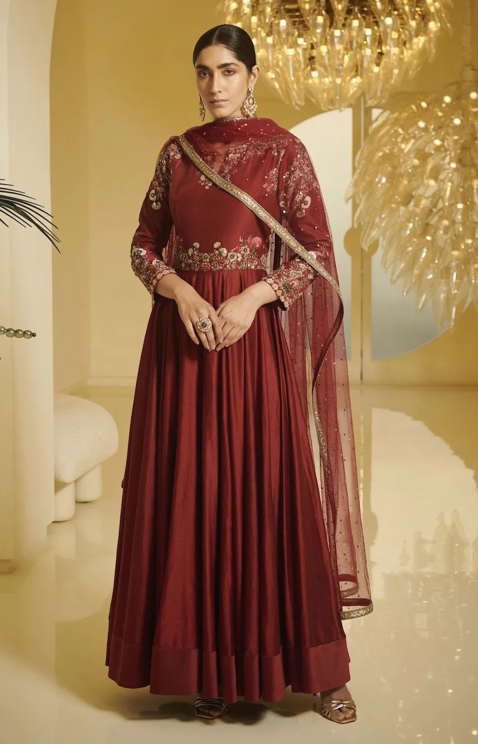 Maroon Embroidered Kalidar Kurta Set