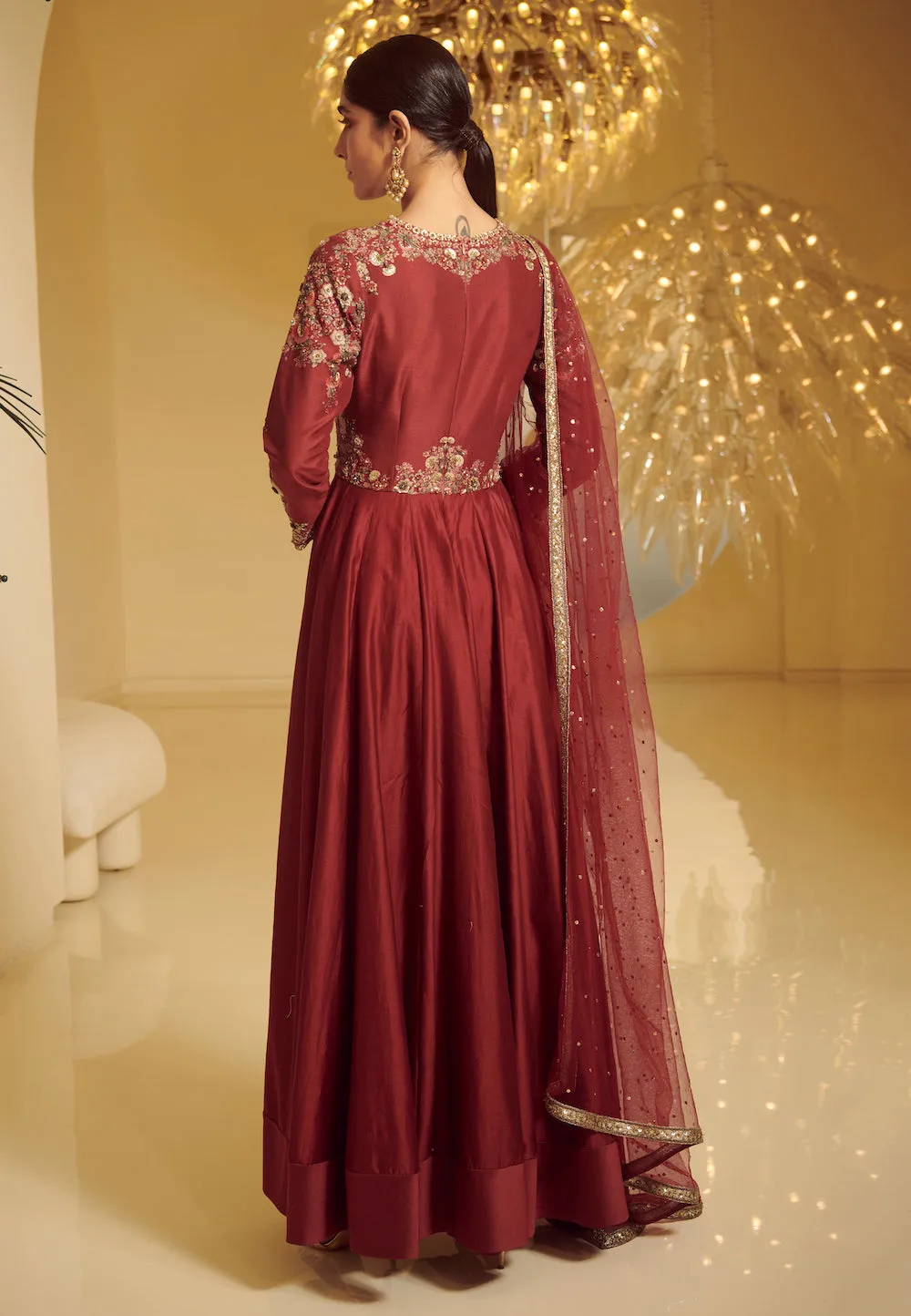 Maroon Embroidered Kalidar Kurta Set