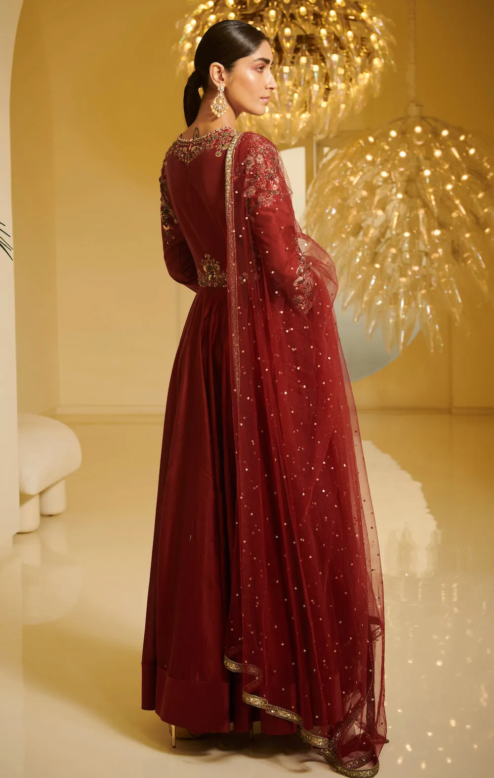 Maroon Embroidered Kalidar Kurta Set