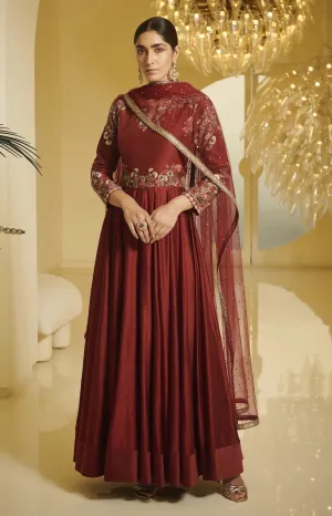 Maroon Embroidered Kalidar Kurta Set
