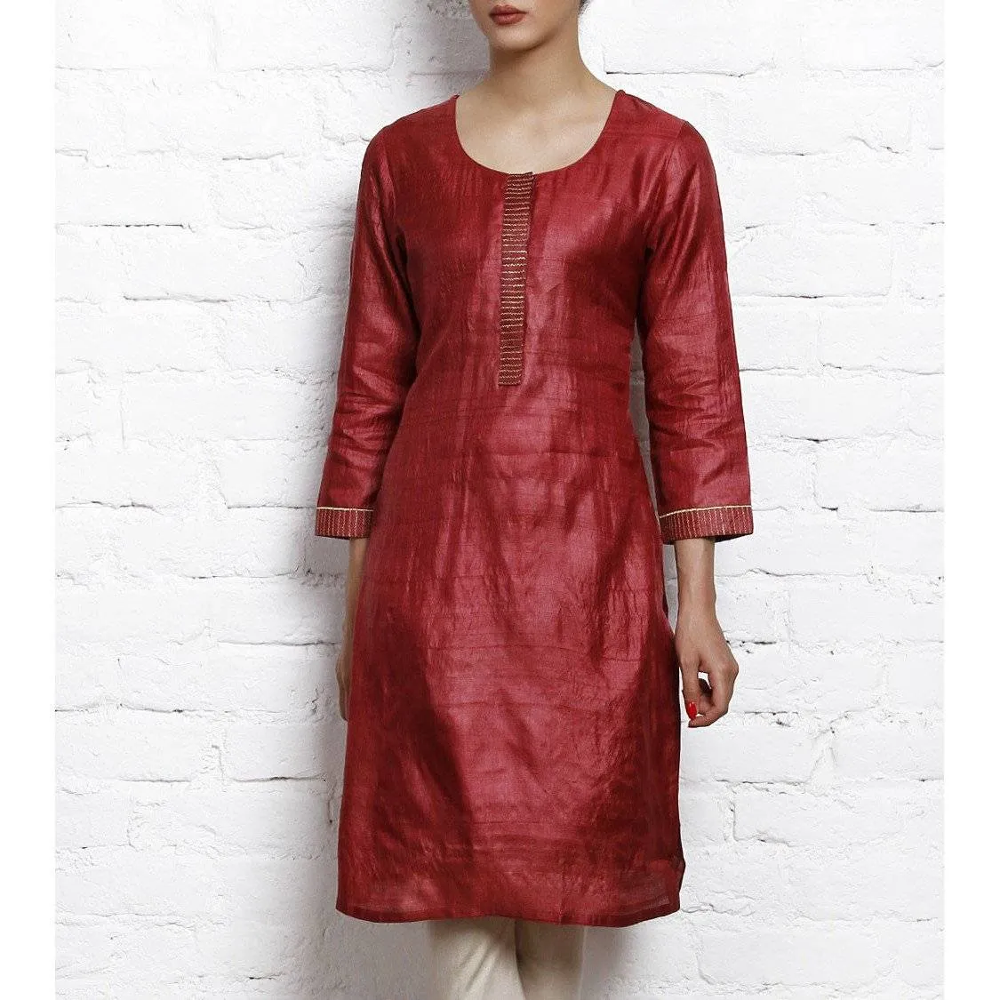 Maroon Tussar Silk Kurta with Golden Embroidery