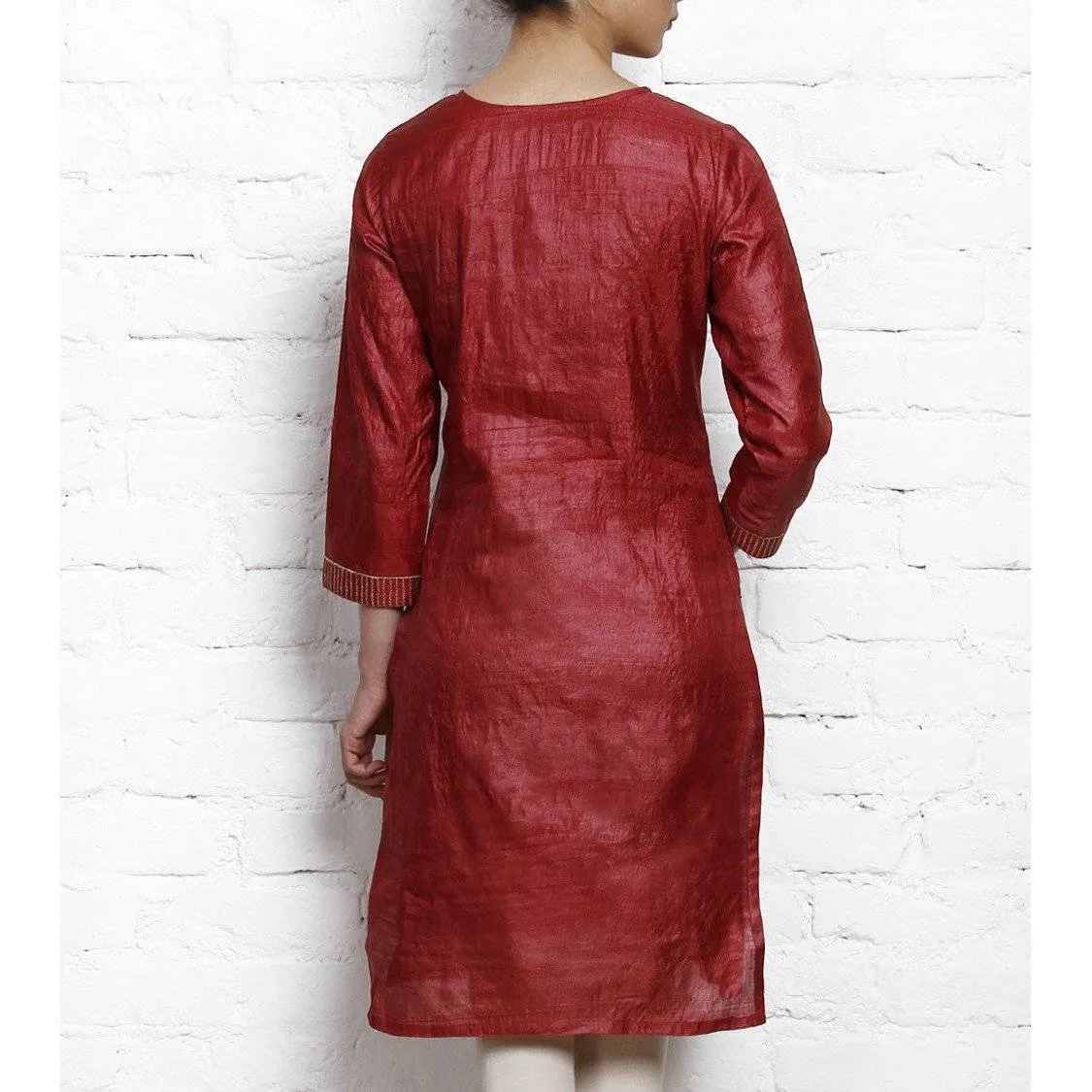 Maroon Tussar Silk Kurta with Golden Embroidery