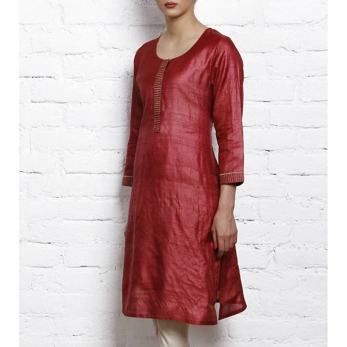 Maroon Tussar Silk Kurta with Golden Embroidery