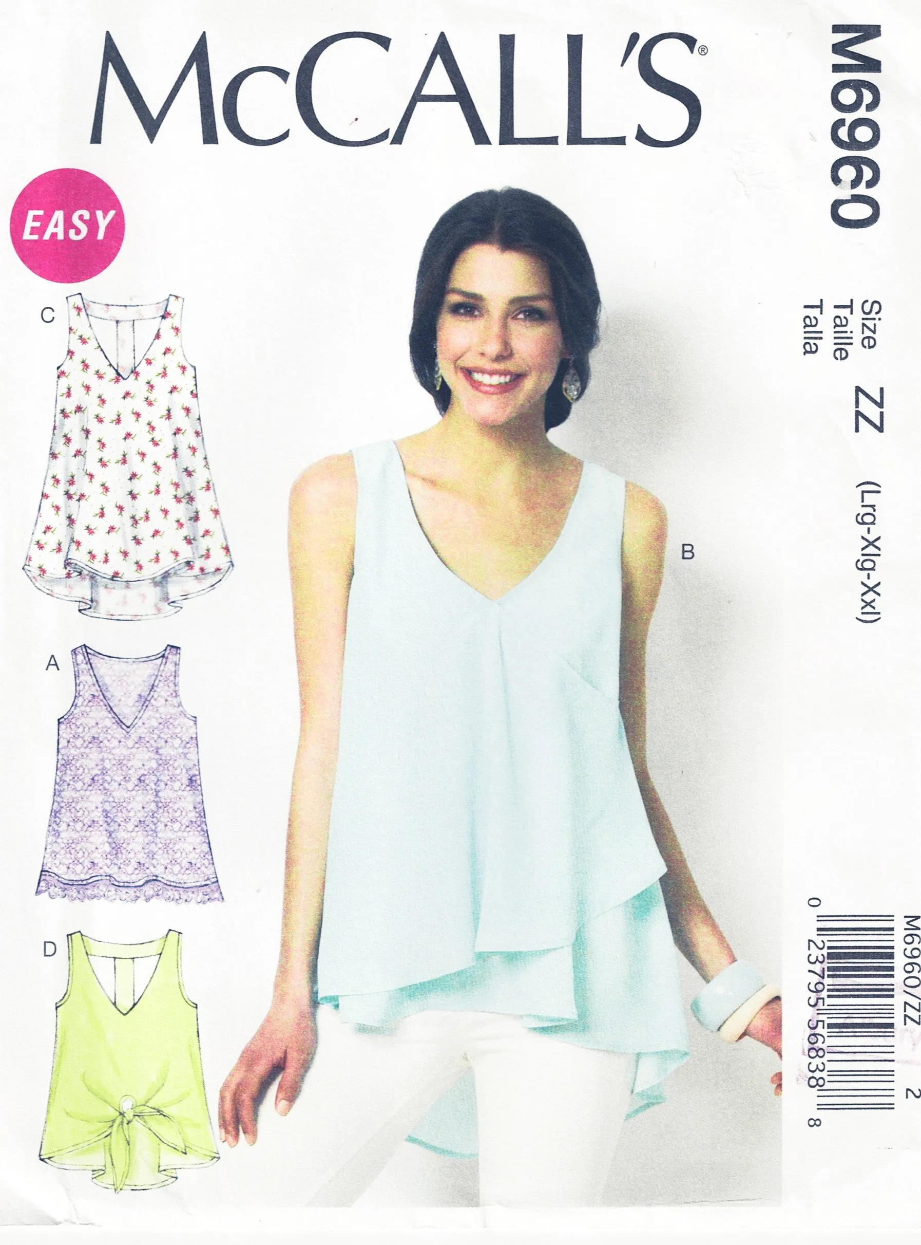 McCall's 6960 Womens EASY Pullover Summer Tops Sewing Pattern Sizes L - XXL UNCUT Factory Folded