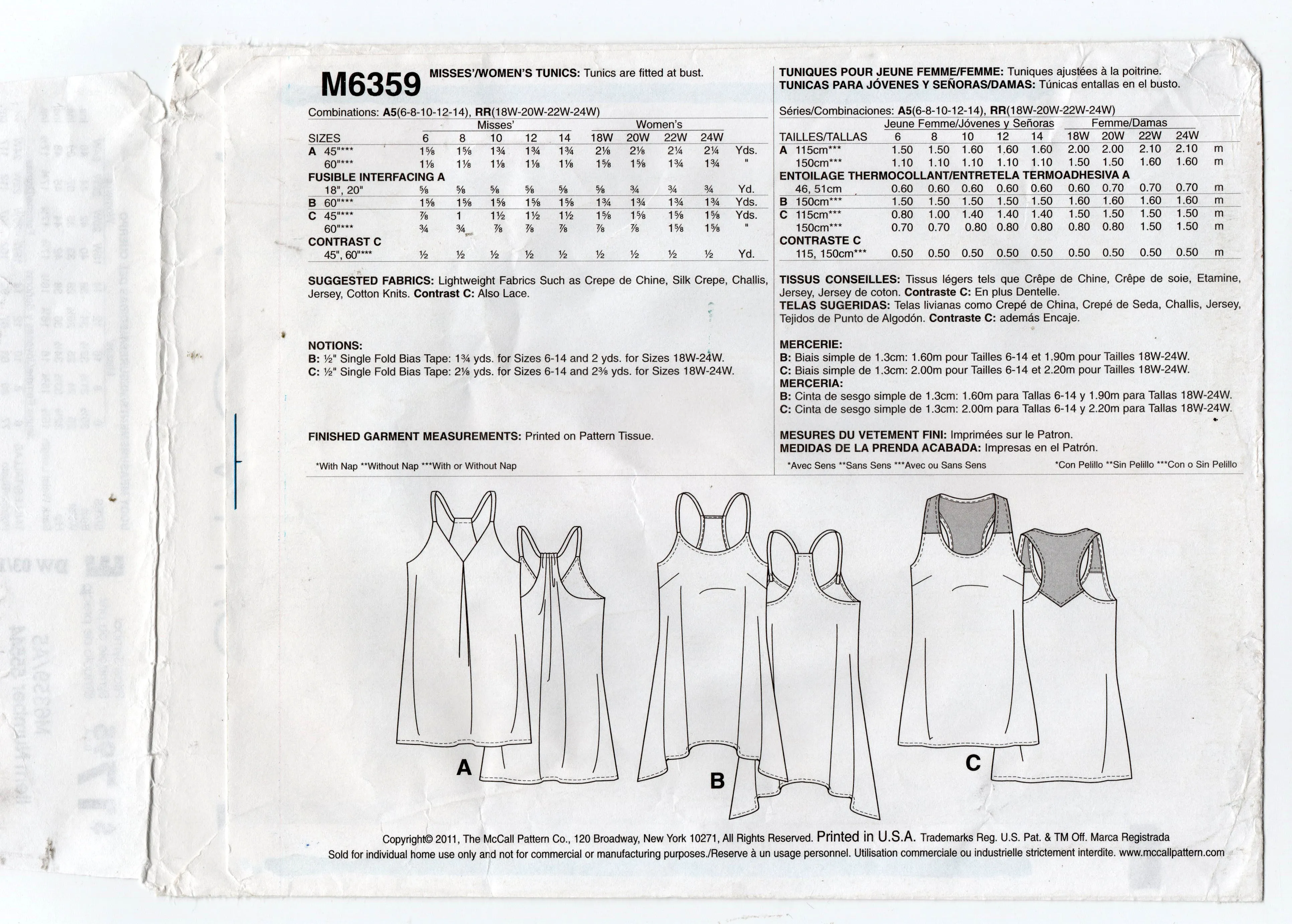 McCall's M6359 Womens EASY Summer Tops Out Of Print Sewing Pattern Sizes 6 - 14 UNCUT Factory Folded
