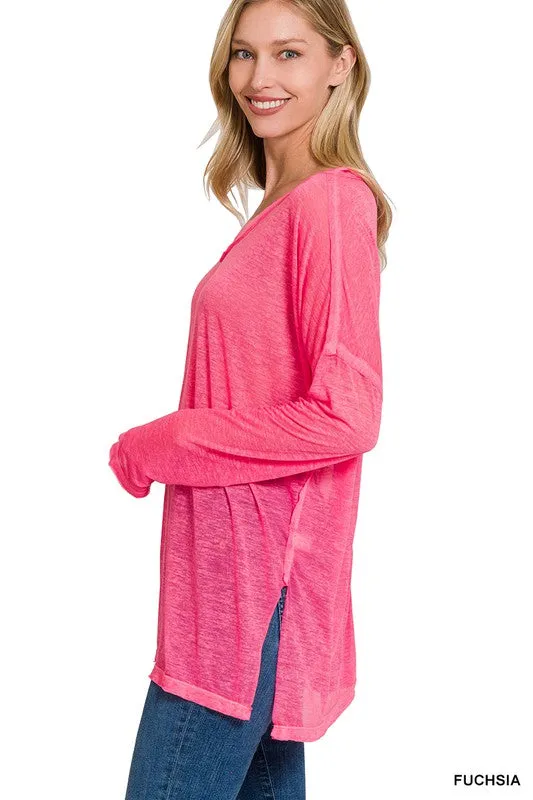 Melange Burnout Dolman Sleeve V Neck Top