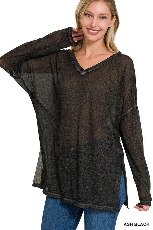 Melange Burnout Dolman Sleeve V Neck Top