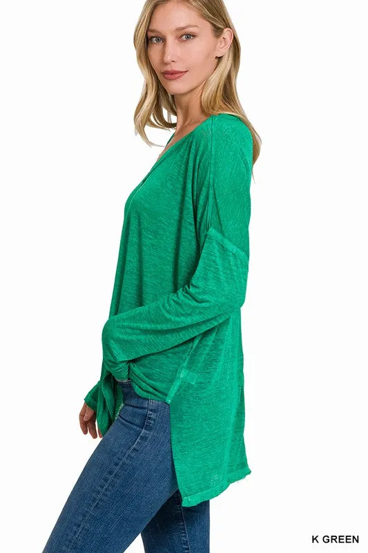 Melange Burnout Dolman Sleeve V Neck Top