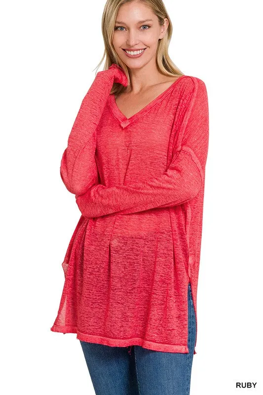 Melange Burnout Dolman Sleeve V Neck Top