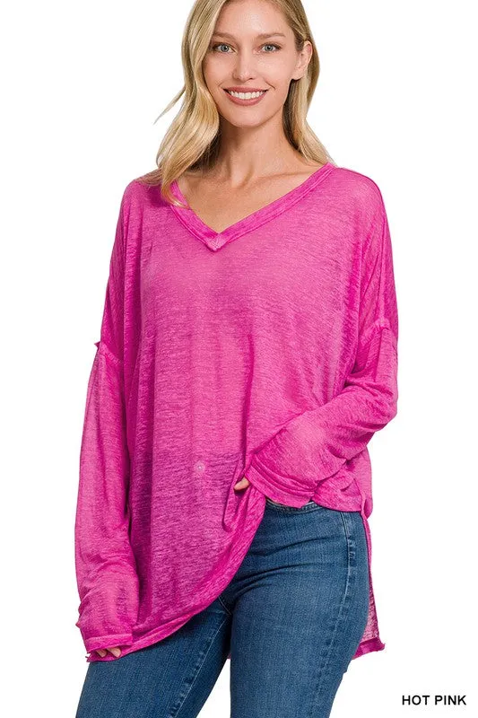 Melange Burnout Dolman Sleeve V Neck Top