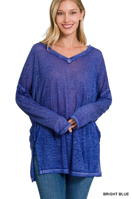 Melange Burnout Dolman Sleeve V Neck Top