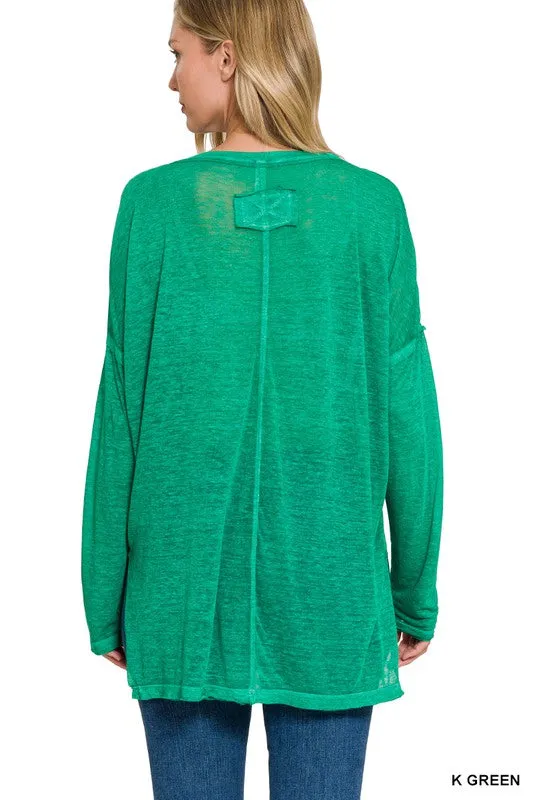 Melange Burnout Dolman Sleeve V Neck Top