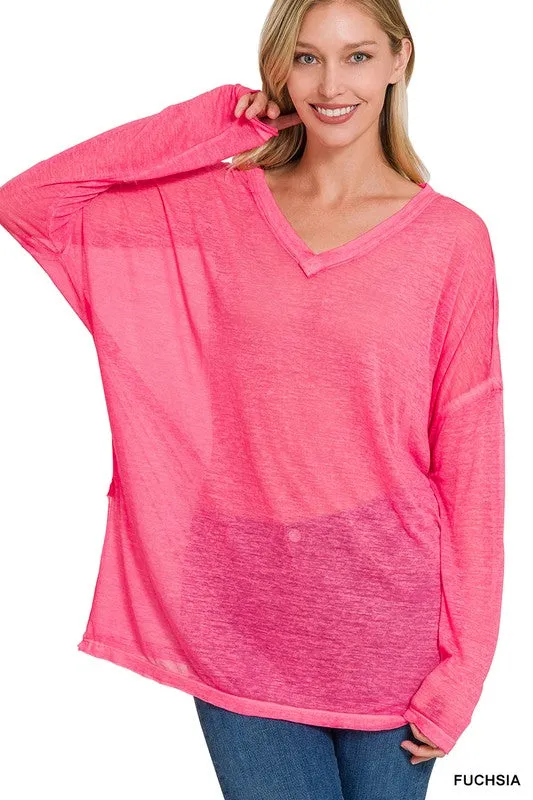 Melange Burnout Dolman Sleeve V Neck Top