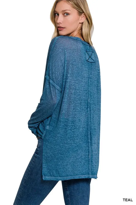 Melange Burnout Dolman Sleeve V Neck Top
