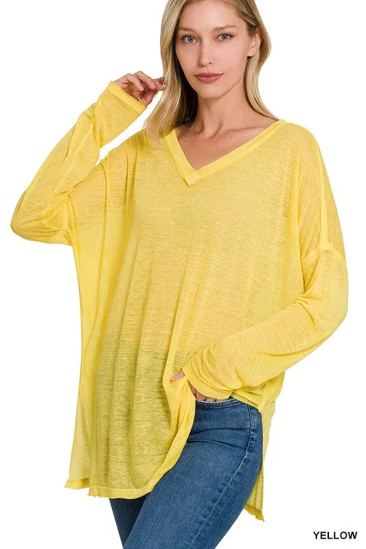 Melange Burnout Dolman Sleeve V Neck Top