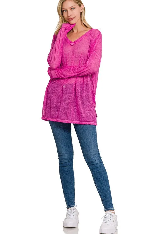 Melange Burnout Dolman Sleeve V Neck Top