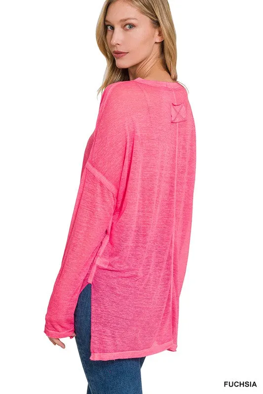 Melange Burnout Dolman Sleeve V Neck Top