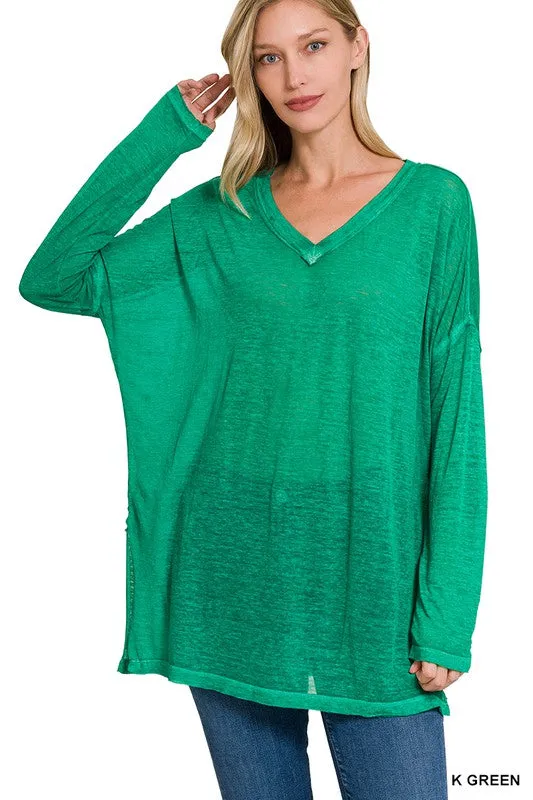 Melange Burnout Dolman Sleeve V Neck Top