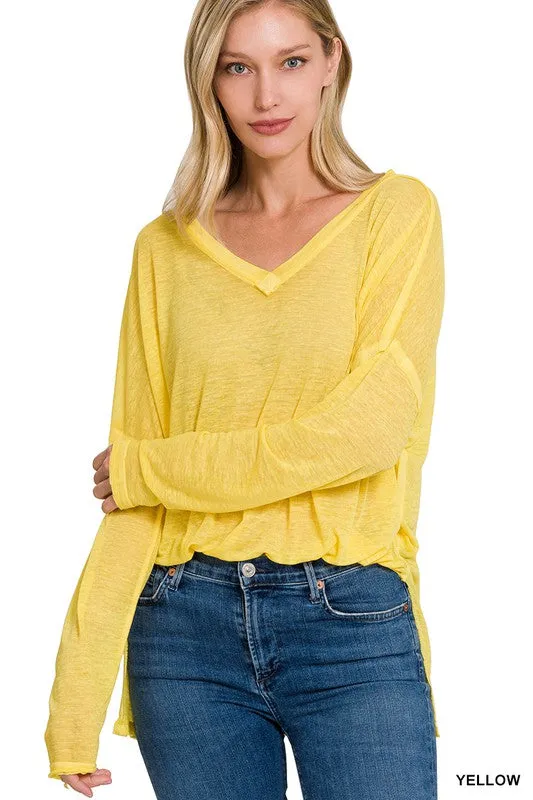 Melange Burnout Dolman Sleeve V Neck Top