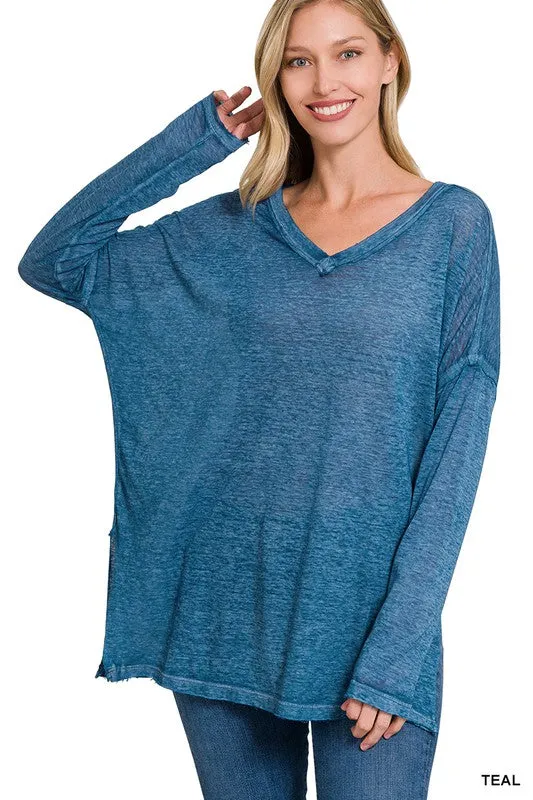 Melange Burnout Dolman Sleeve V Neck Top