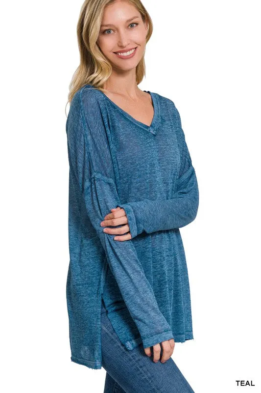 Melange Burnout Dolman Sleeve V Neck Top