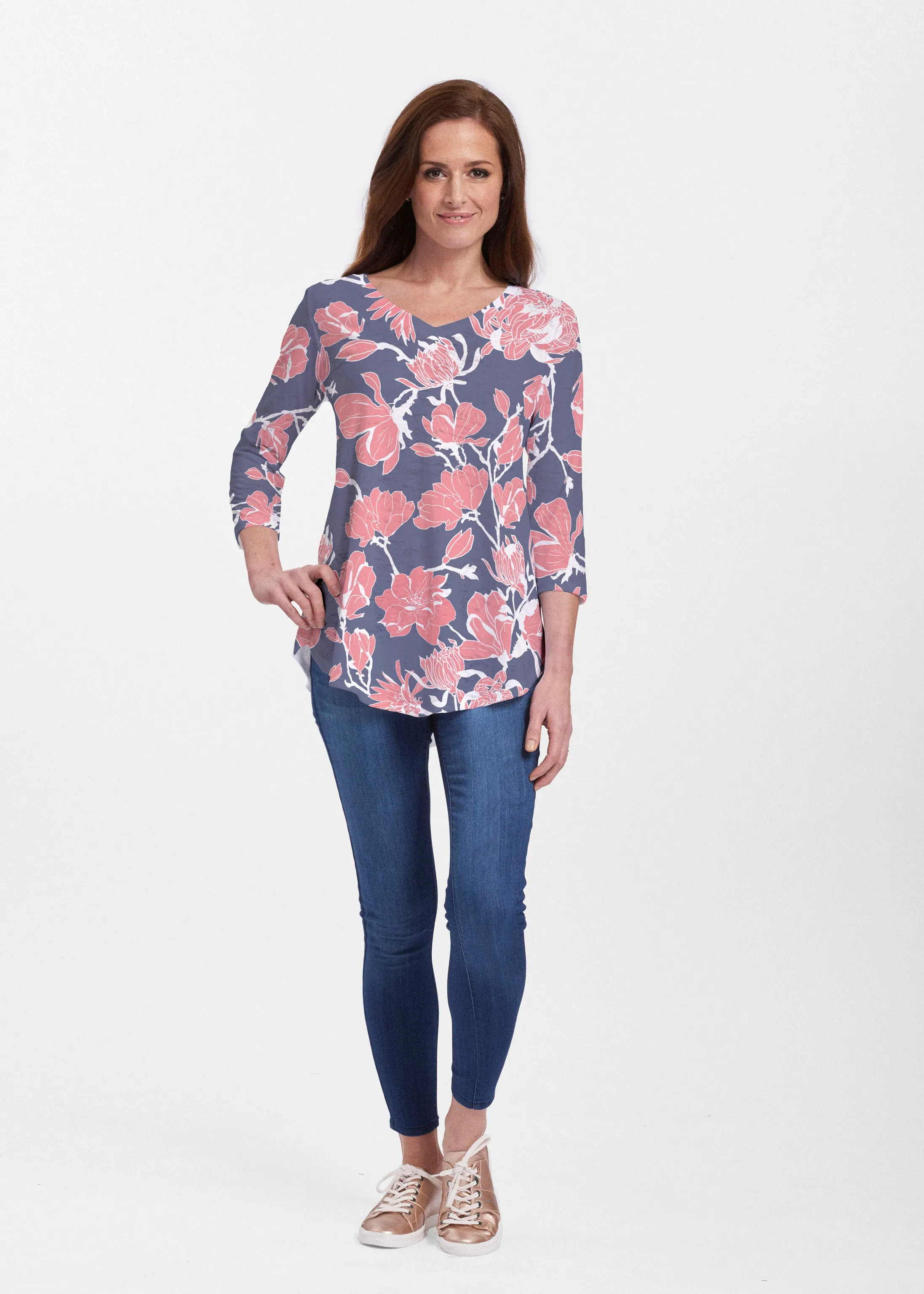 Melina Blooms Navy (7721) ~ Signature V-neck Flowy Tunic