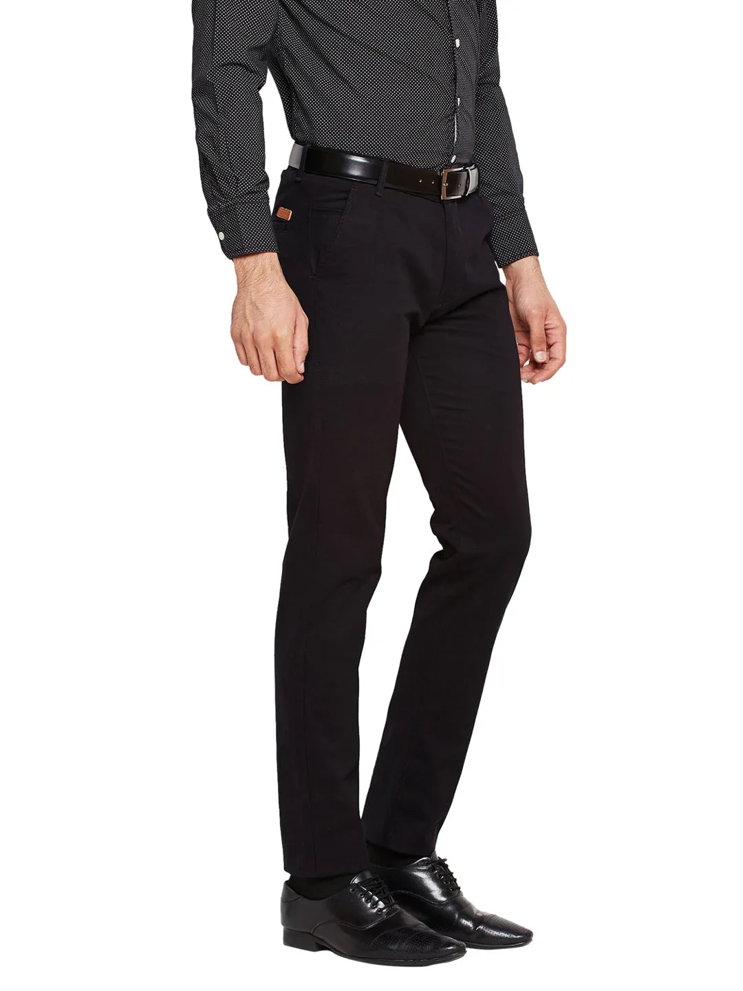 Men Black Self Design Solid Stretchable Mid Rise Slim Fit Chinos Trouser