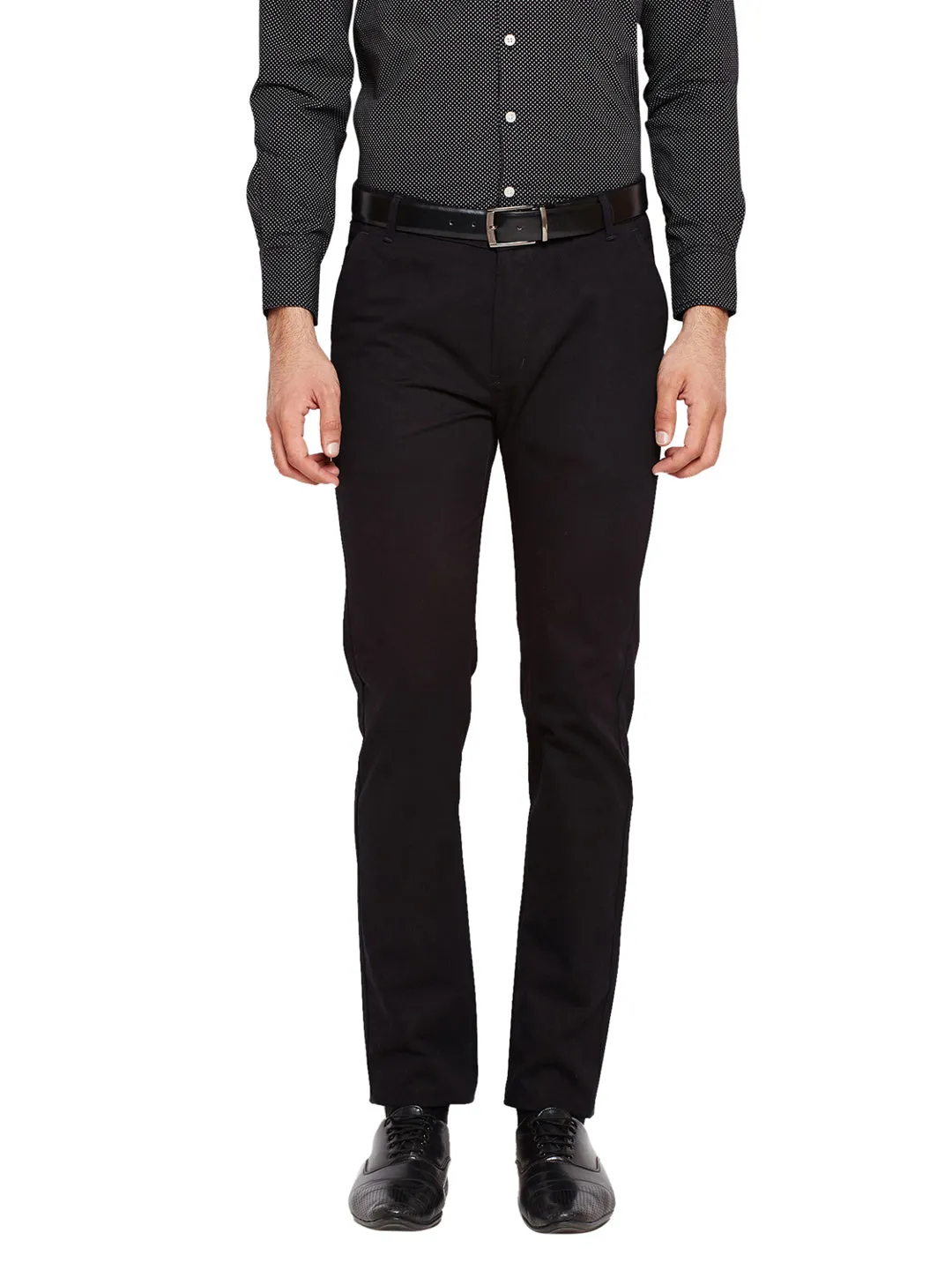 Men Black Self Design Solid Stretchable Mid Rise Slim Fit Chinos Trouser