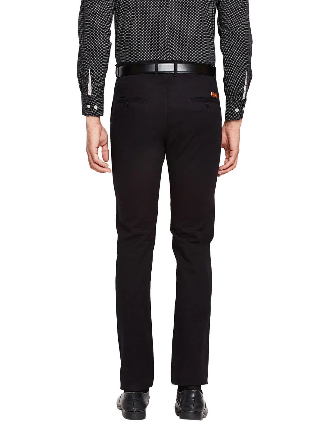 Men Black Self Design Solid Stretchable Mid Rise Slim Fit Chinos Trouser