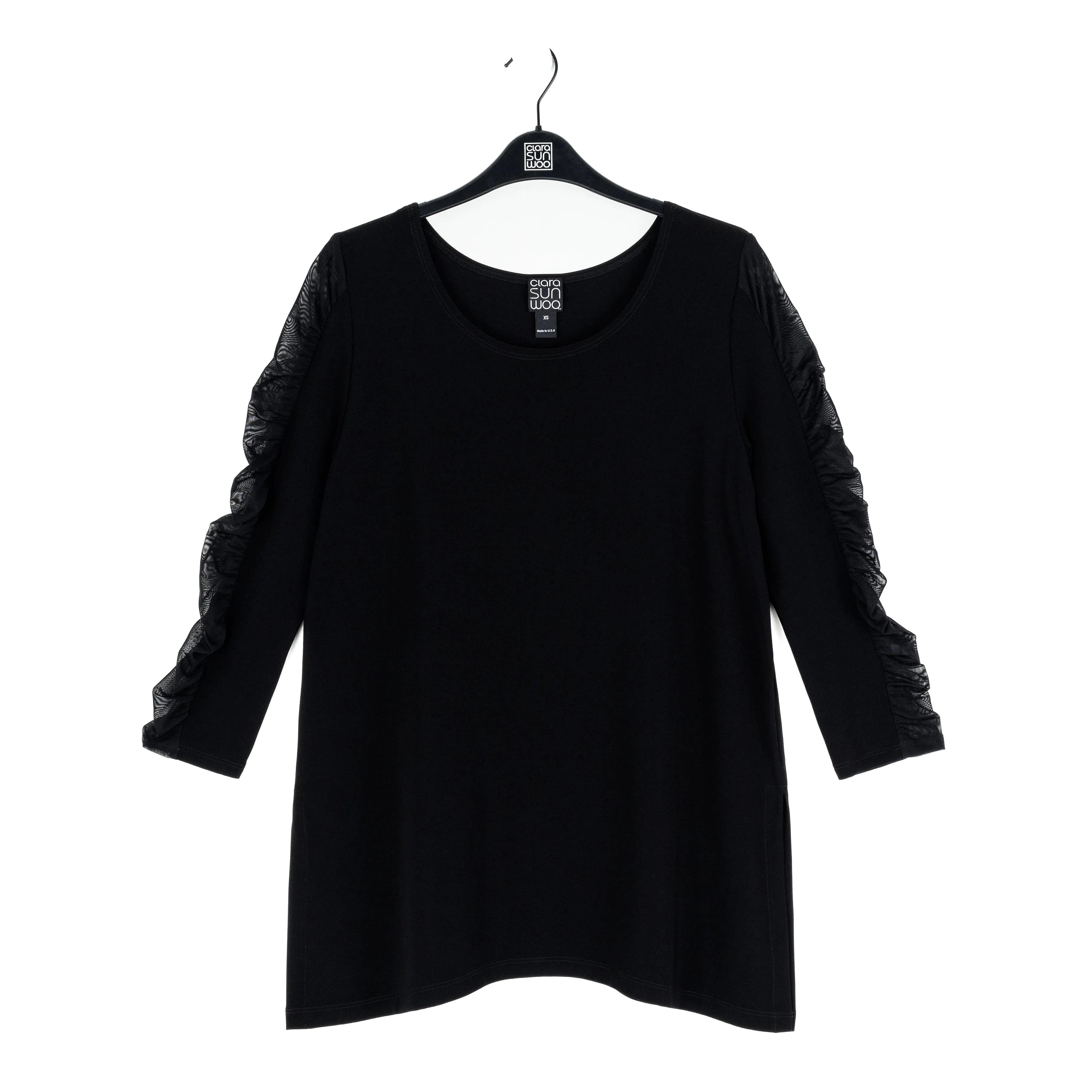 Mesh Sleeve Side Vent Tunic - Black