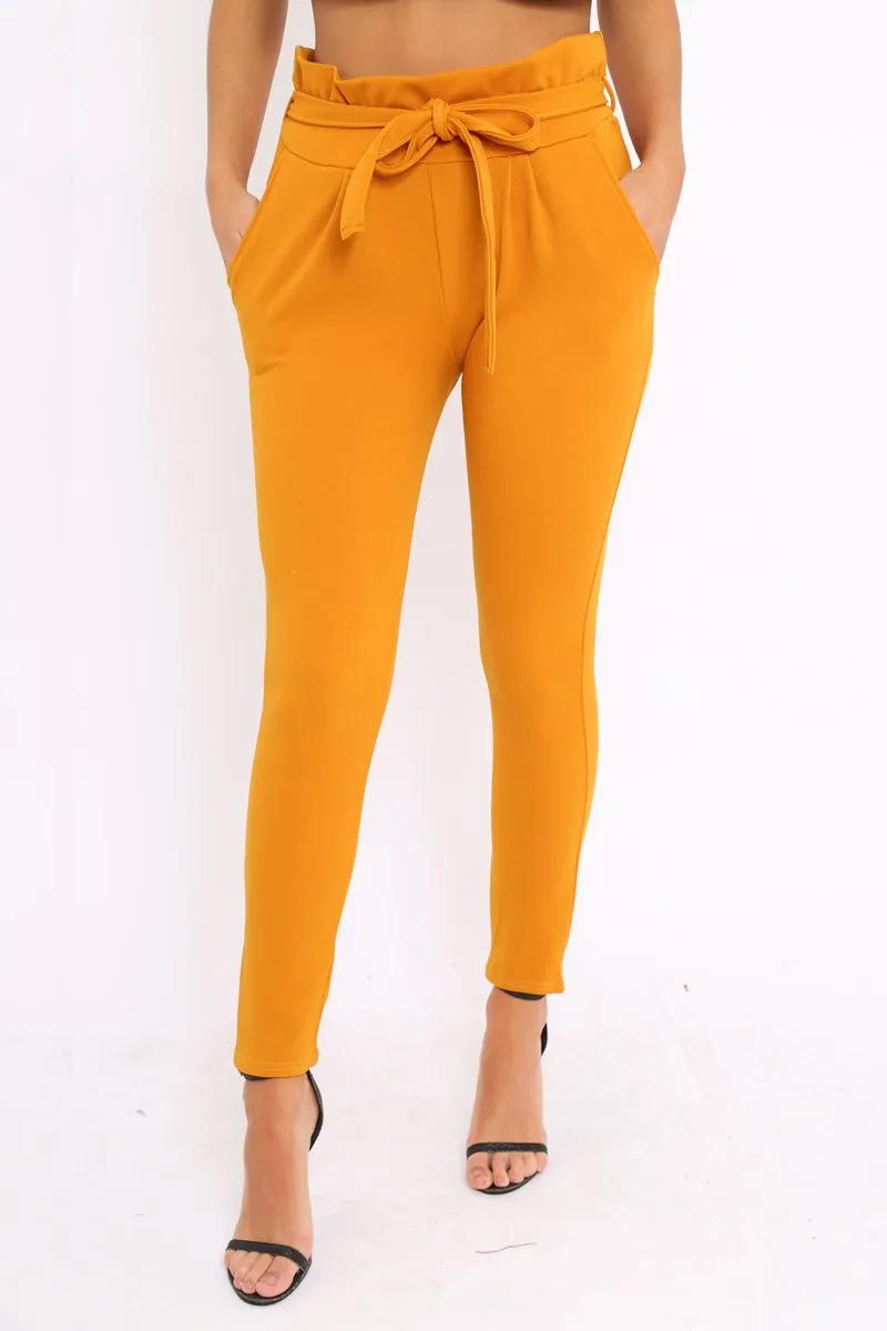 Mustard Paper Bag Tie Waist Cigarette Trousers - Karmen