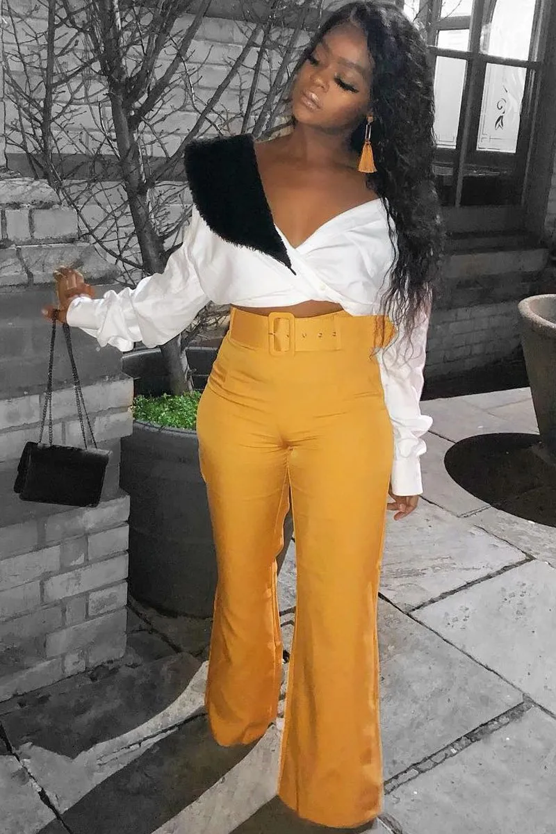 Mustard Tailored Wide Leg Belted Trousers - Chenelle