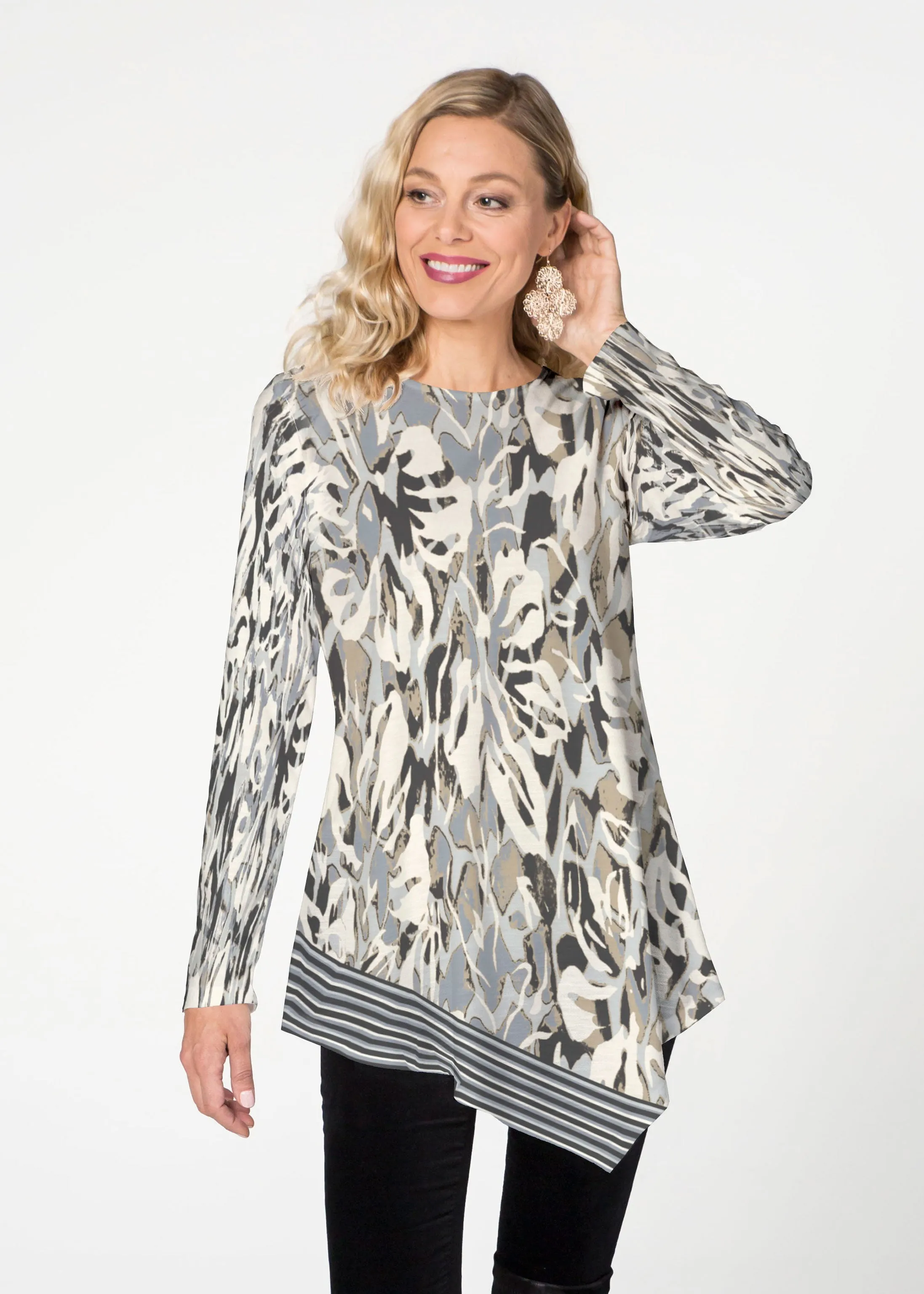 Mystic Floral Stripe Grey (19170) ~ Asymmetrical French Terry Tunic