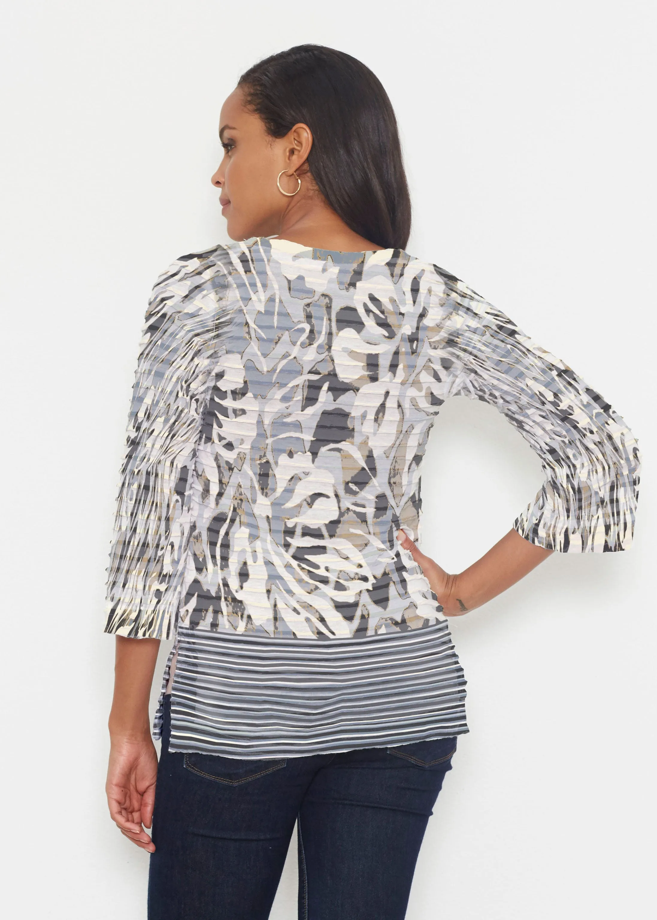 Mystic Floral Stripe Grey (19170) ~ Banded 3/4 Bell-Sleeve V-Neck Tunic