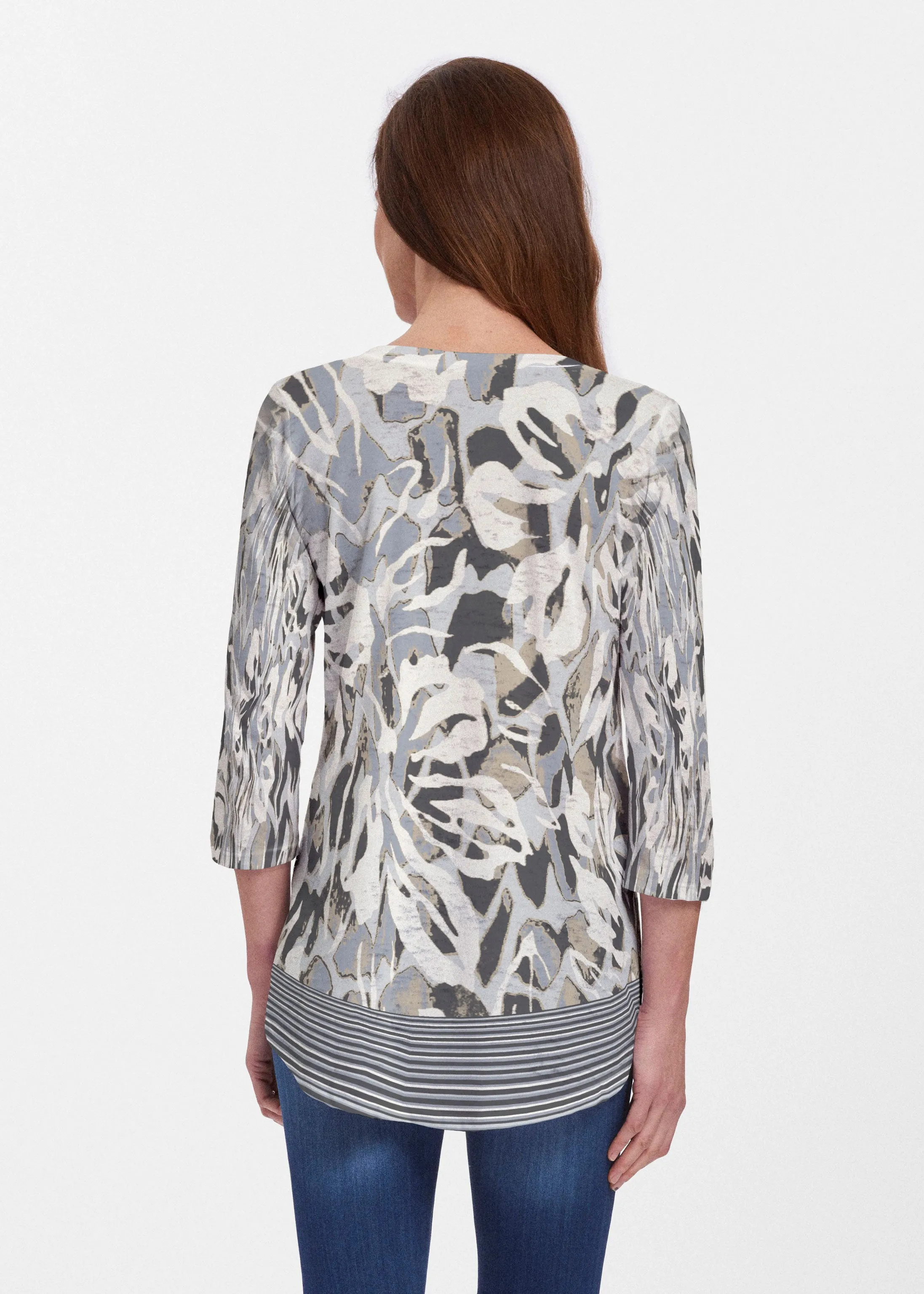 Mystic Floral Stripe Grey (19170) ~ Signature V-neck Flowy Tunic