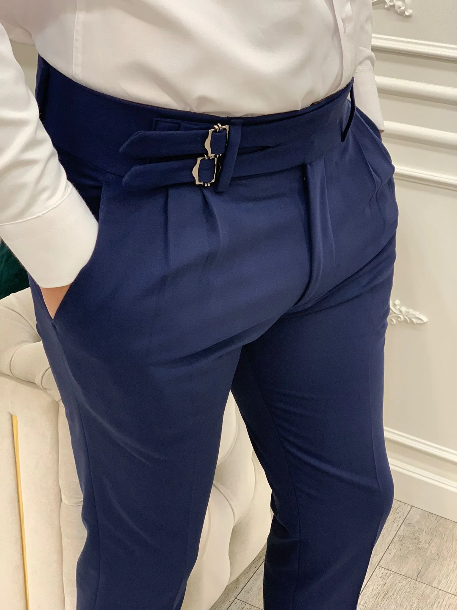 Navy Blue Buckled Canvas Trousers