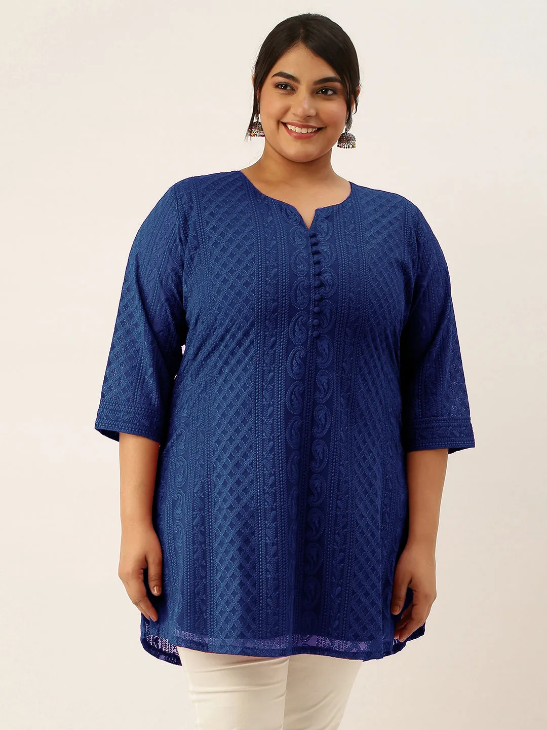 Navy Blue Paisley Embroidered Georgette Lucknowi Chikankari Thigh Length Tunic For Women - ZOLA