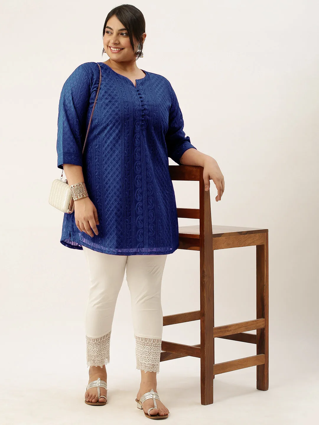 Navy Blue Paisley Embroidered Georgette Lucknowi Chikankari Thigh Length Tunic For Women - ZOLA